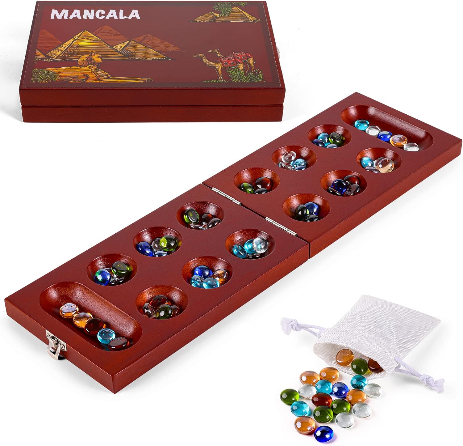 Mancala Board Game with Solid Wood Folding Board 80 Glass Stones