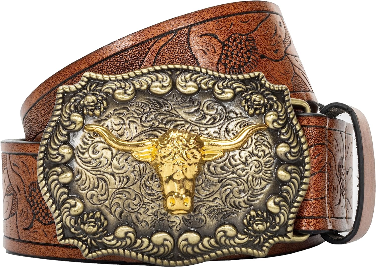 Western Cowboy Belts for Men Women - Bull Floral Engraved Belt