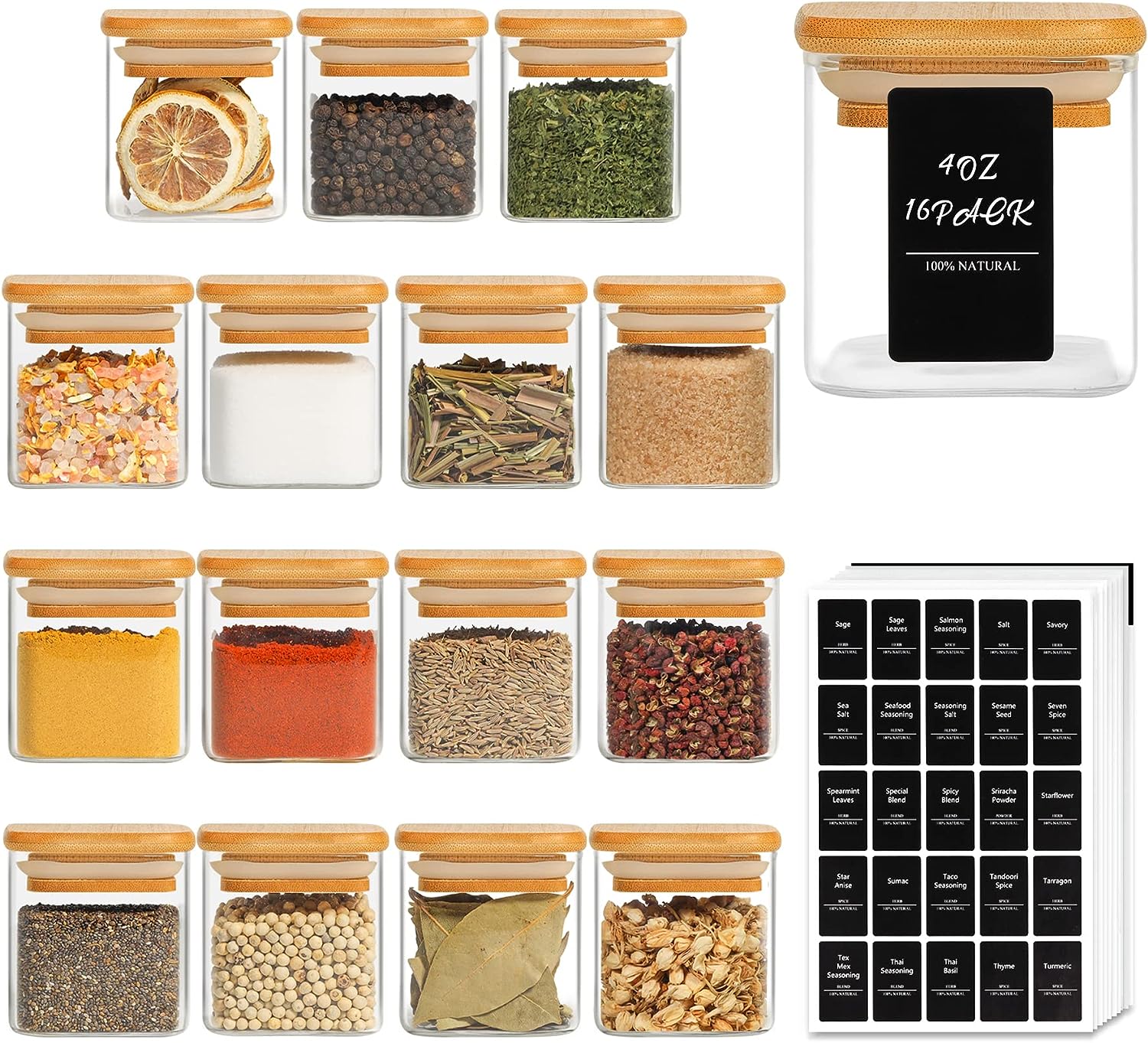 Glass Spice Jars with Bamboo Lids - 20 Pcs Thicken(2.4mm) 4oz Airtight  Seasoning Containers with 131 Waterproof Minimalist Spice labels Preprinted  