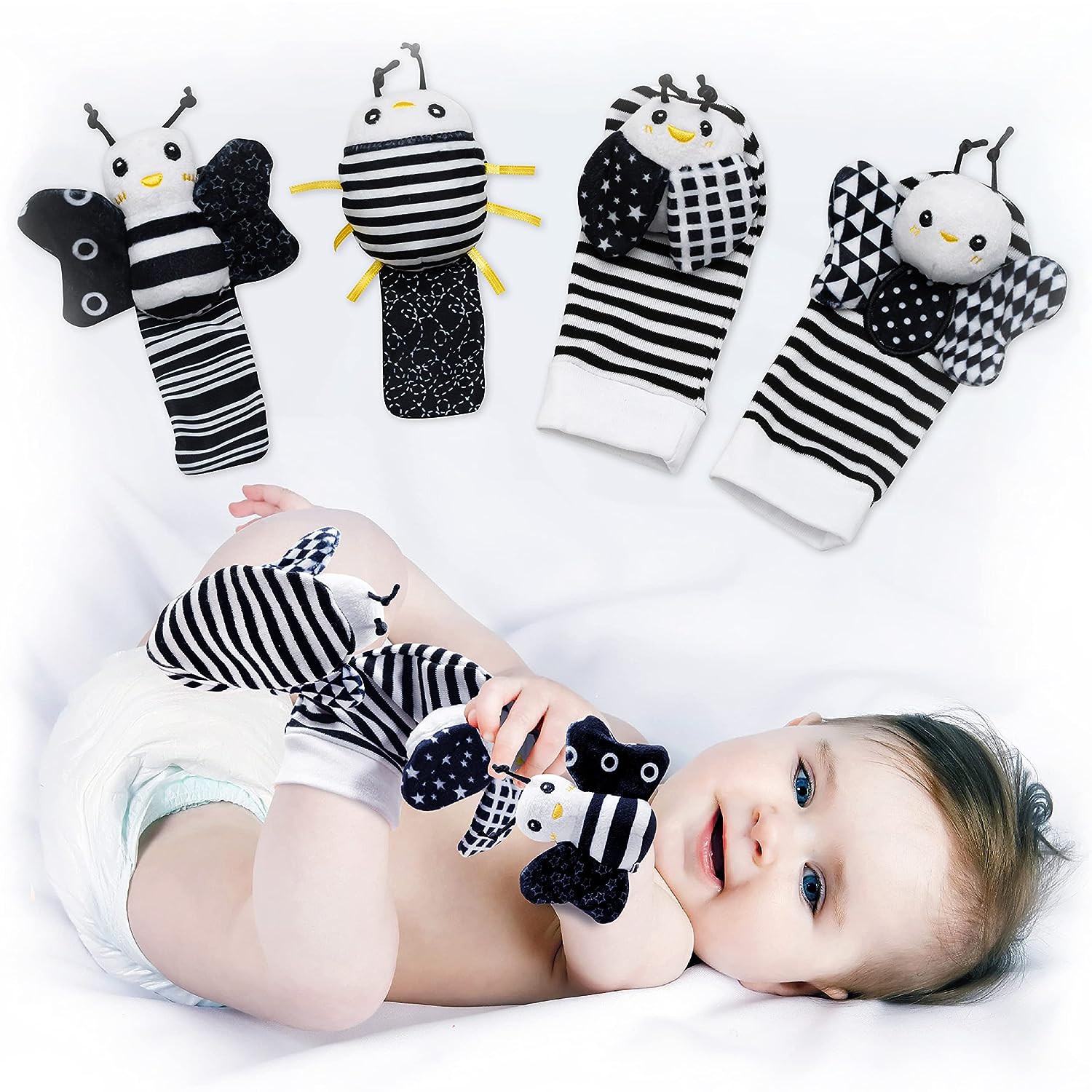 SSK Soft Baby Wrist Rattle Foot Finder Socks Set,Cotton and Plush Stuffed  Infant Toys,Birthday Holiday Birth Present for Newborn Boy Girl