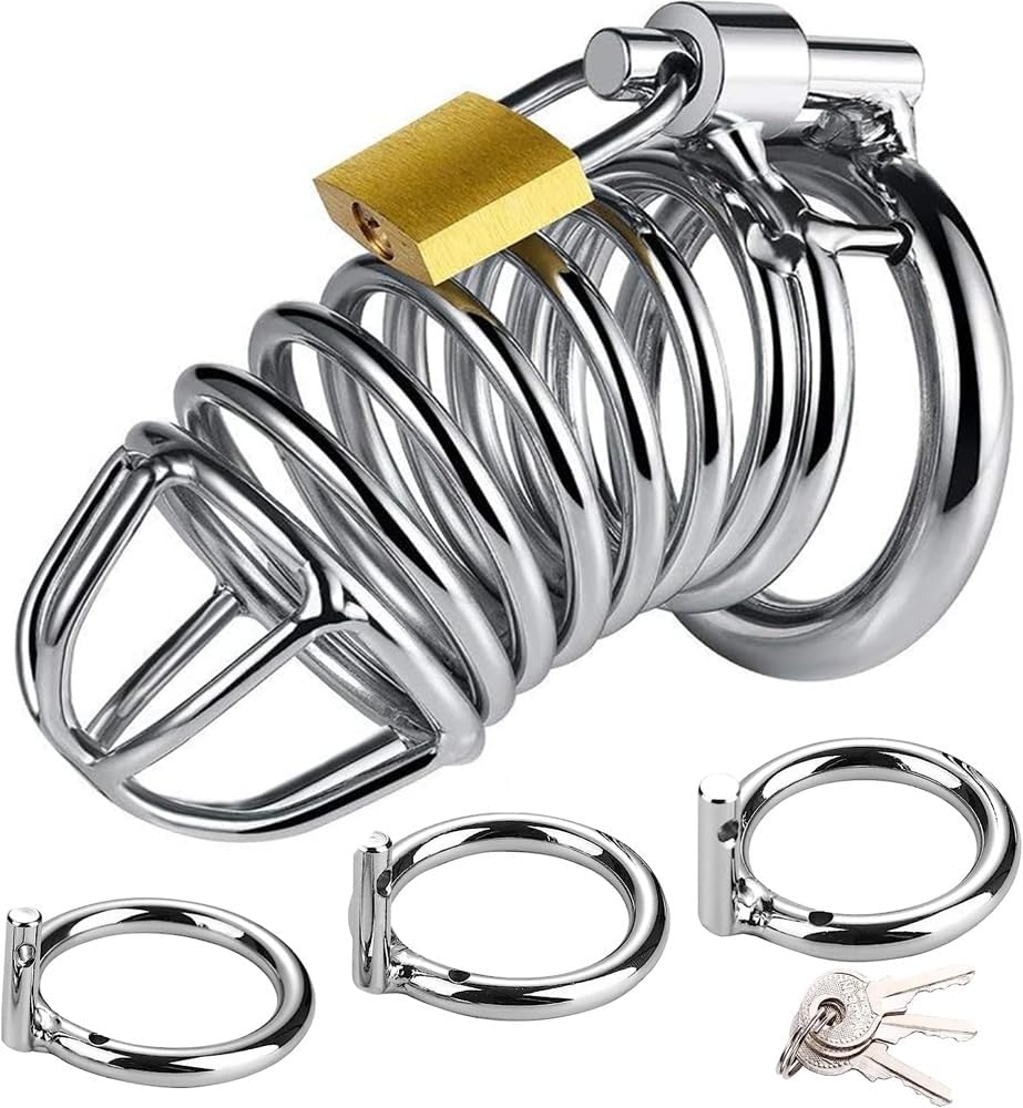 LEQC Chastity cage for Men Steel Chastity Devices Cock cage Male Chastity  Belts Penis cage Premium Metal Silver Locked Cage Sex Toy for Men Belt