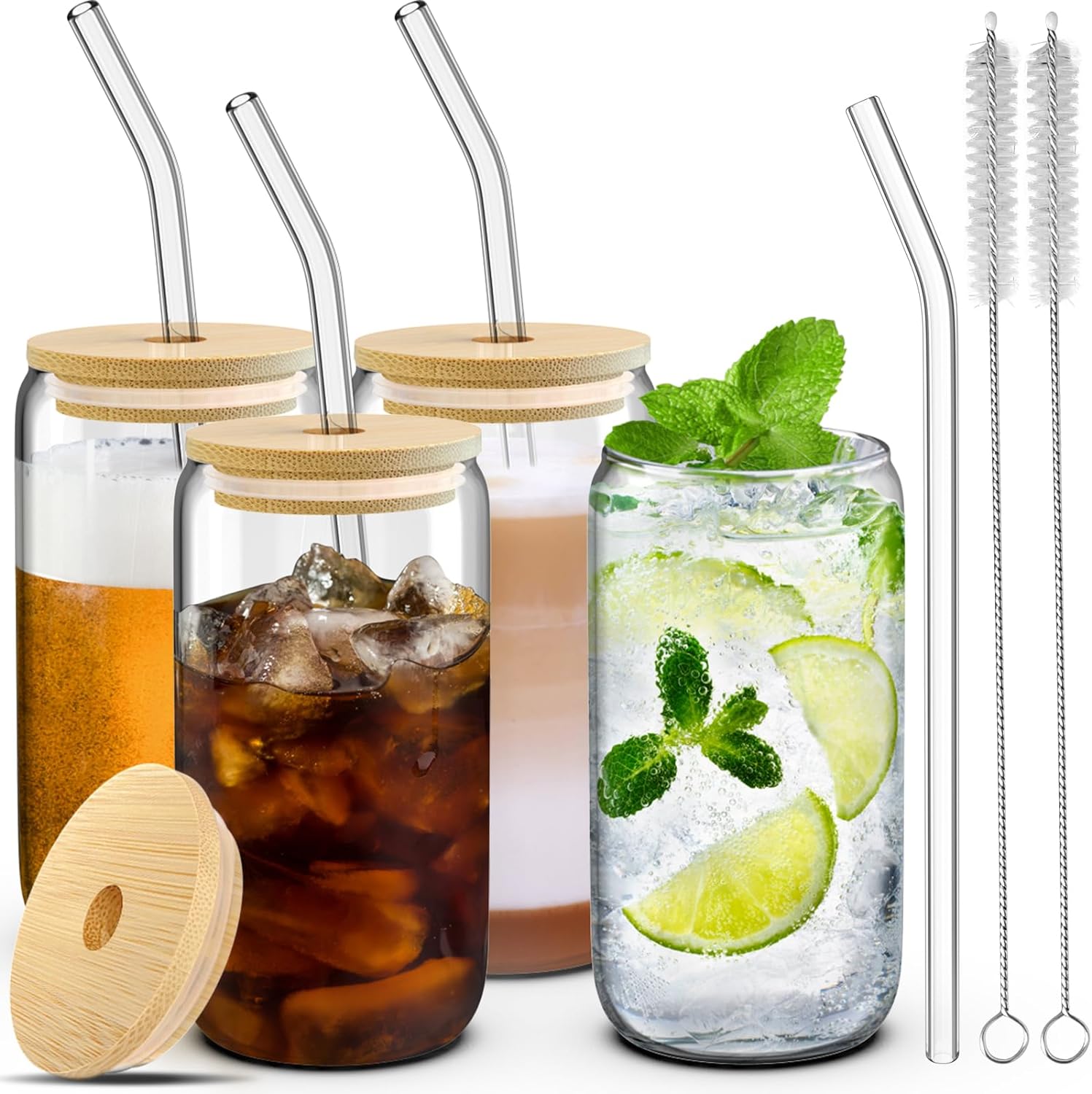 16 oz Drinking Glasses with Bamboo Lids and Glass