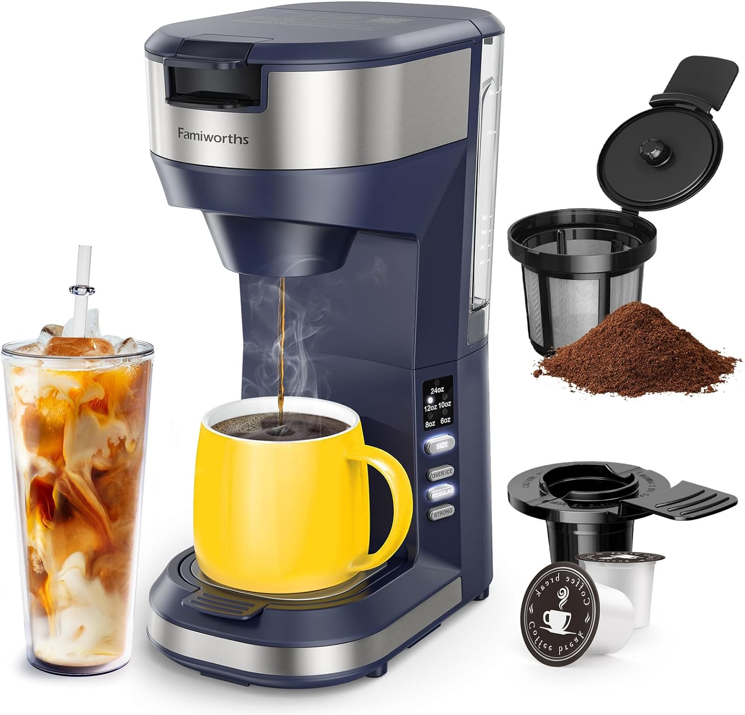 Single Serve Coffee Maker- Wirsh Coffee Maker with Programmable Timer and  LCD display, Single Cup Coffee Maker with 14 oz.Travel