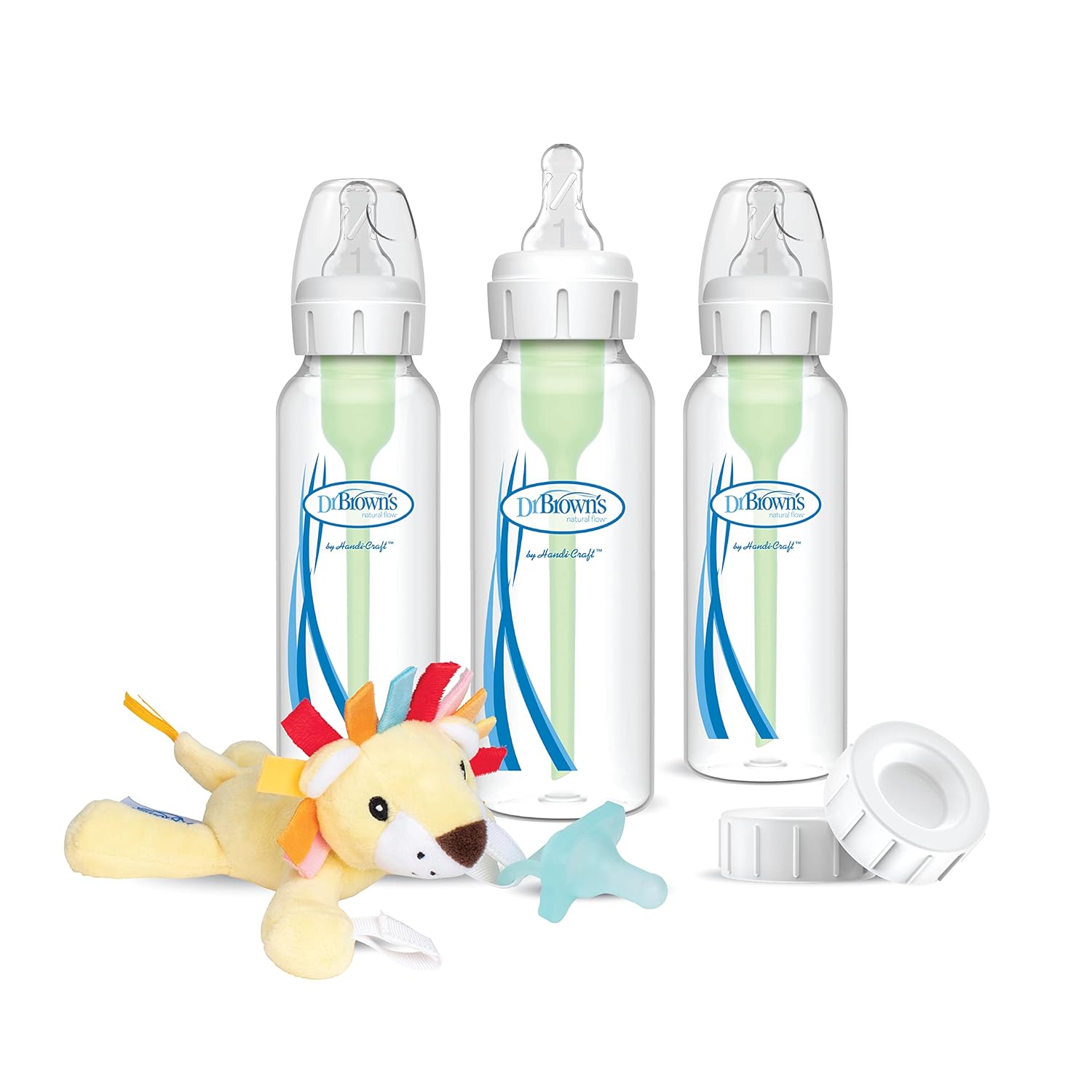 Dr. Brown's Natural Flow® Anti-Colic Options+™ Narrow Glass Baby Bottle  Starter Set with Silicone Sleeves,Brush and Soft 100% Silicone HappyPaci™