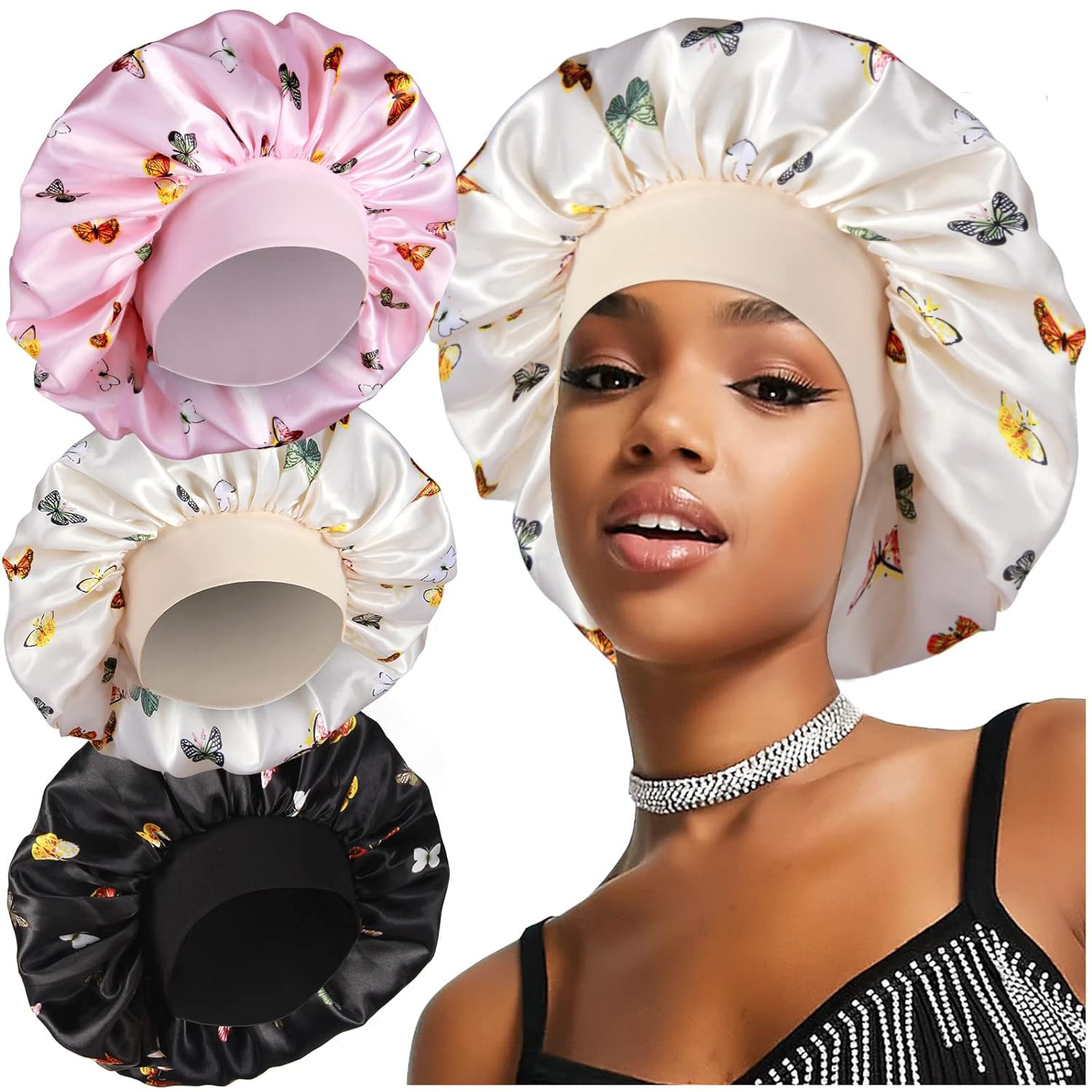 6PCS Satin Bonnets for Black Women, Large Braids Bonnet Wide Band Hair  Bonnets, A