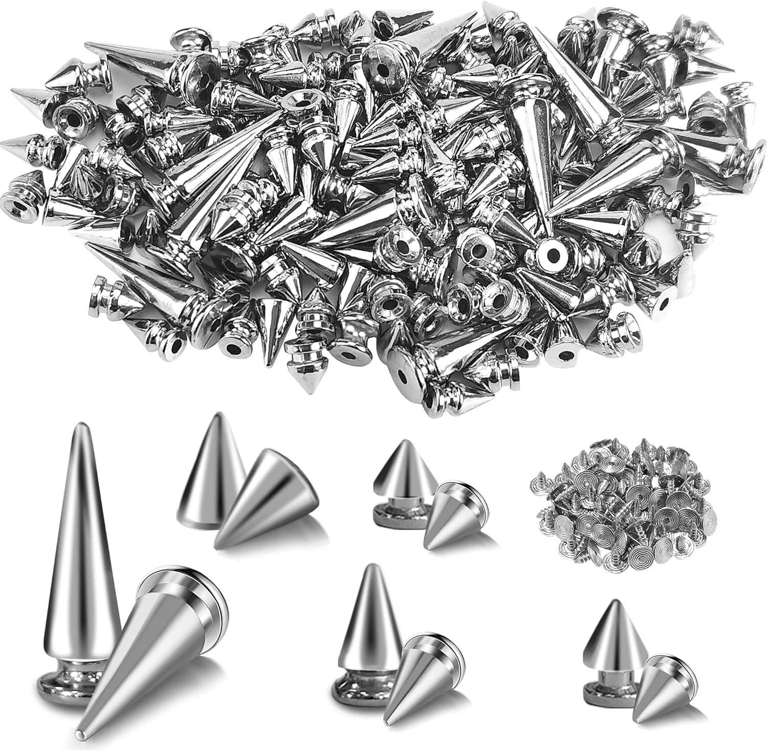 200 Sets 9.5mm Spikes for Clothing, Studs and Spikes for Crafts, Metal and Silver Cone Spikes, Punk Spikes with Storage Box by MoHern