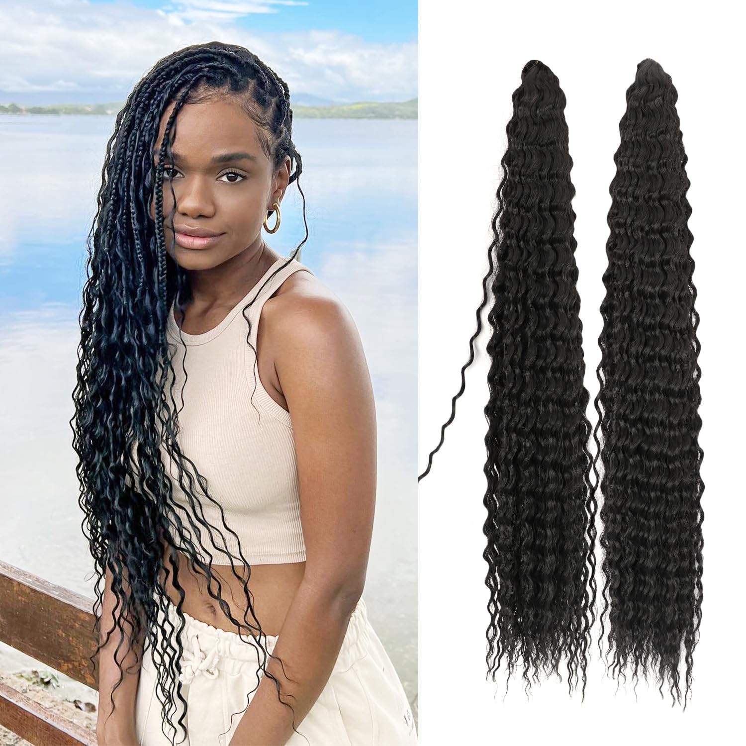 BATISI Ocean Wave Crochet Hair 18 Inch, 1b Black Deep Wave Curly Braiding  Hair Wavy, Single 1 Pack Synthetic Curly Crochet Hair for Black Women Beach
