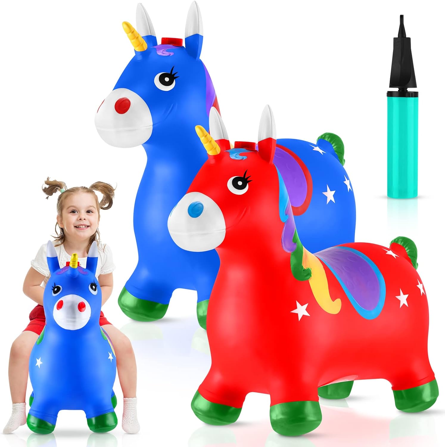 Honoson 2 Pcs Giraffe Bounce Horse Hopper Inflatable Jumping Horse with  Pump Bouncy Ride on Rubber Bouncing Animal Toys for Kids Toddlers Children