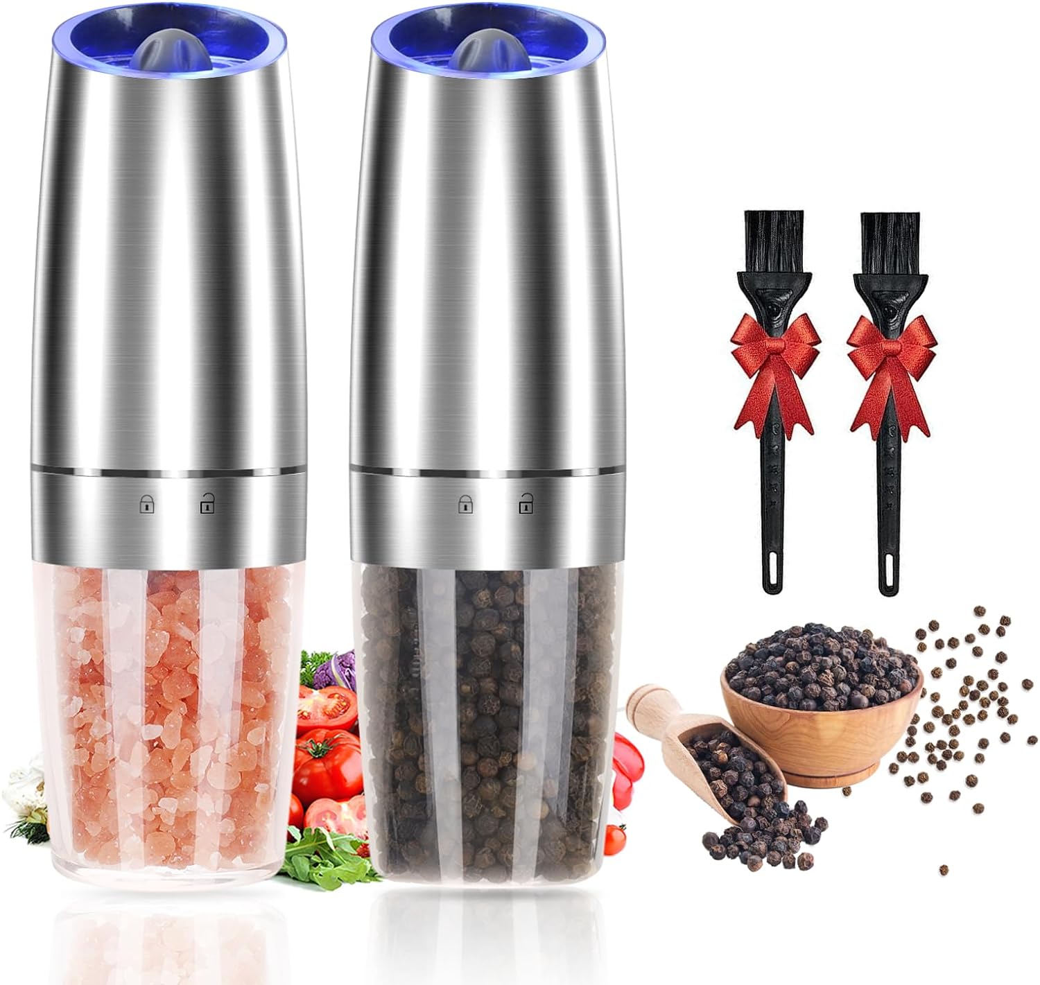 KSL Gravity Electric Salt and Pepper Grinder Set - Battery Operated Mill, Automatic Shaker w/ Light (premium Kit)