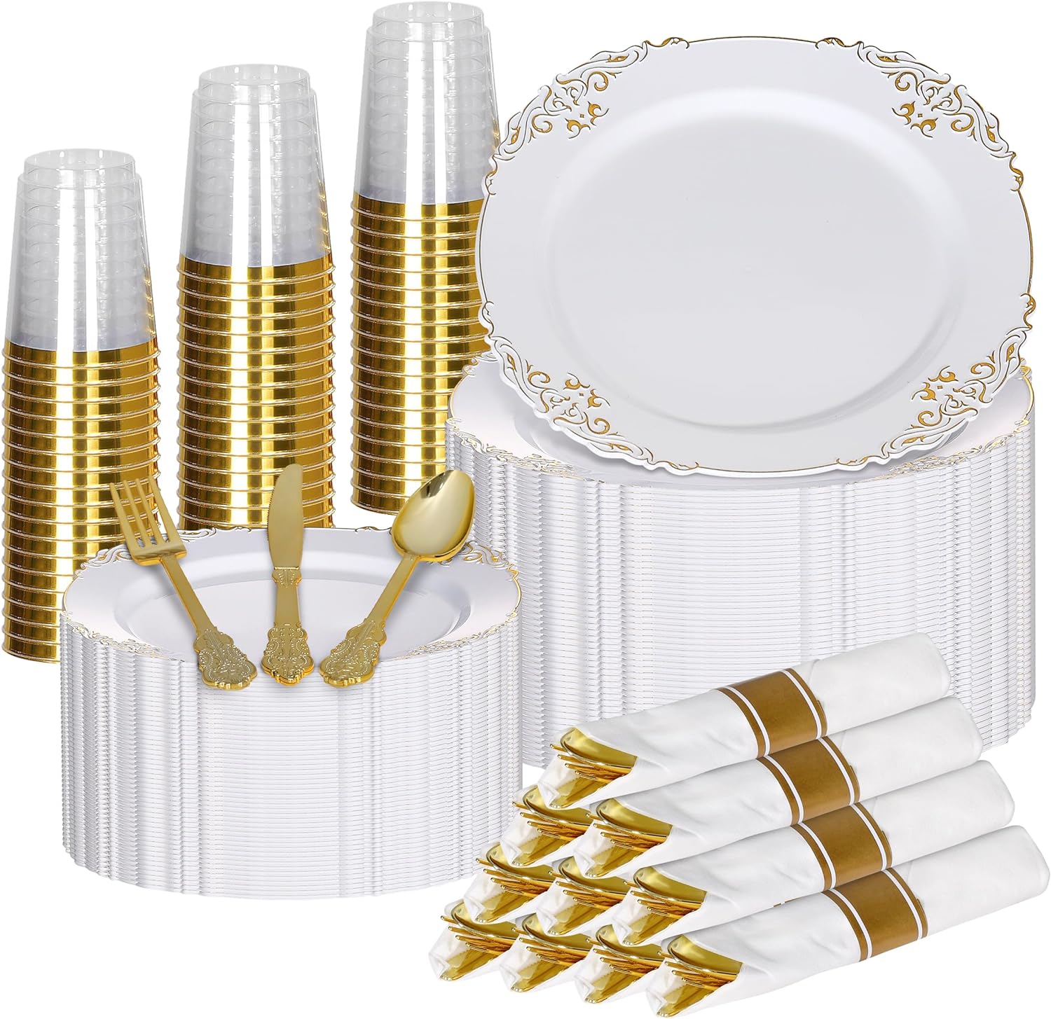 AOZITA 200 Gold Plastic Party Plates Disposable, Premium Heavy