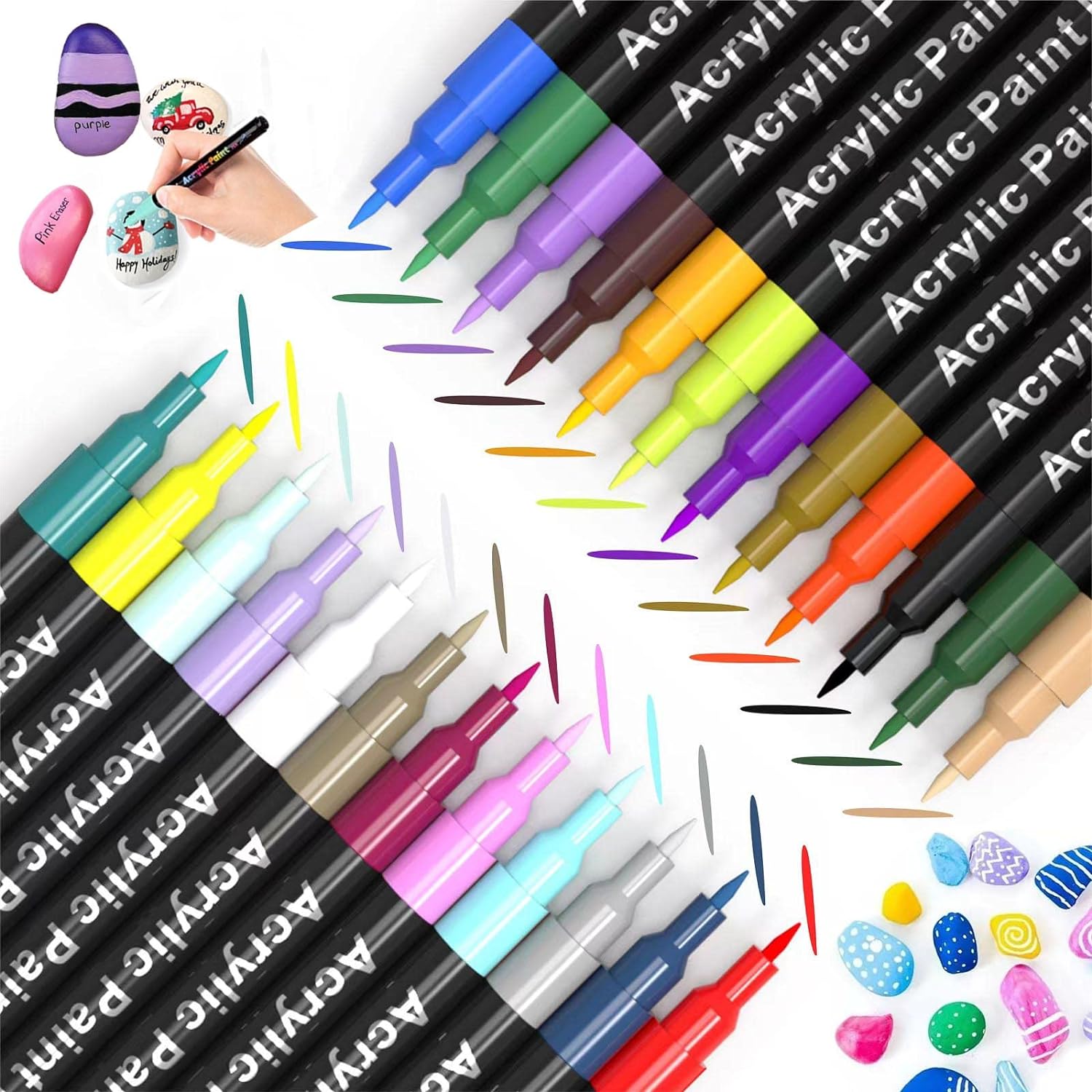 Magicfly 24 Colors Acrylic Paint Markers, Double-Sided Acrylic Paint Pens  with Reversible Tip for Rock Painting, Stone, Ceramic, Glass, Wood