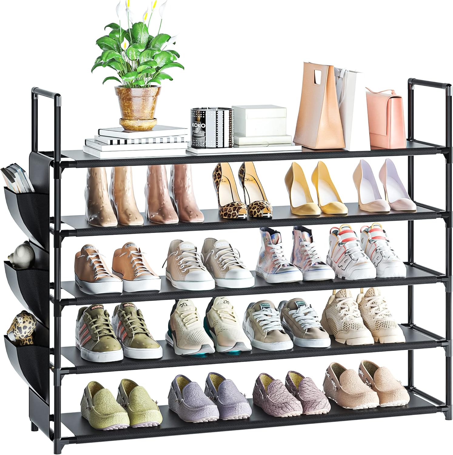 Misslo 2 Tier Stackable Long Shoe Rack 18 Pairs Metal Shoe Storage Shelf Fabric Organizer for Closet Entryway Bedroom, Grey, Women's, Gray