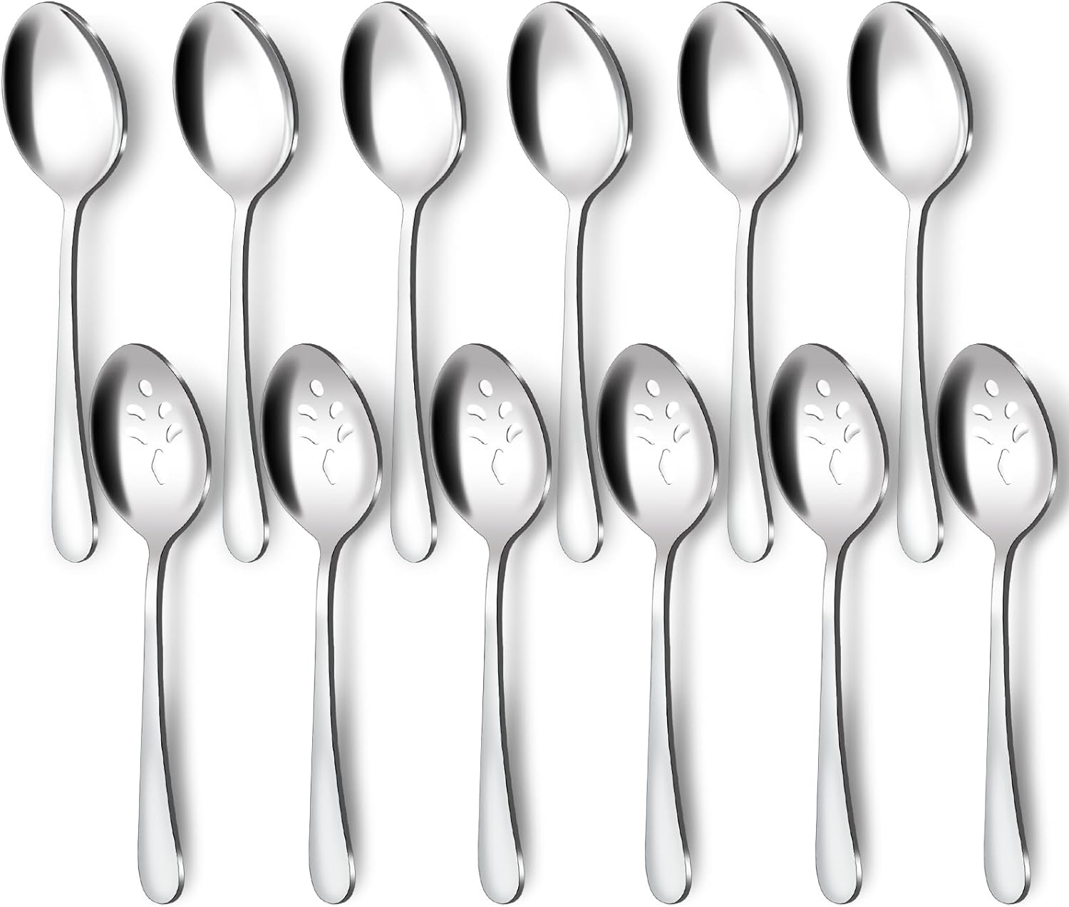 Stainless Steel Metal Serving Utensils - Large Set of 9-10 Serving Spoons,  10 Slotted Spoons, and 9 Serving Tongs by Teivio (Silver)