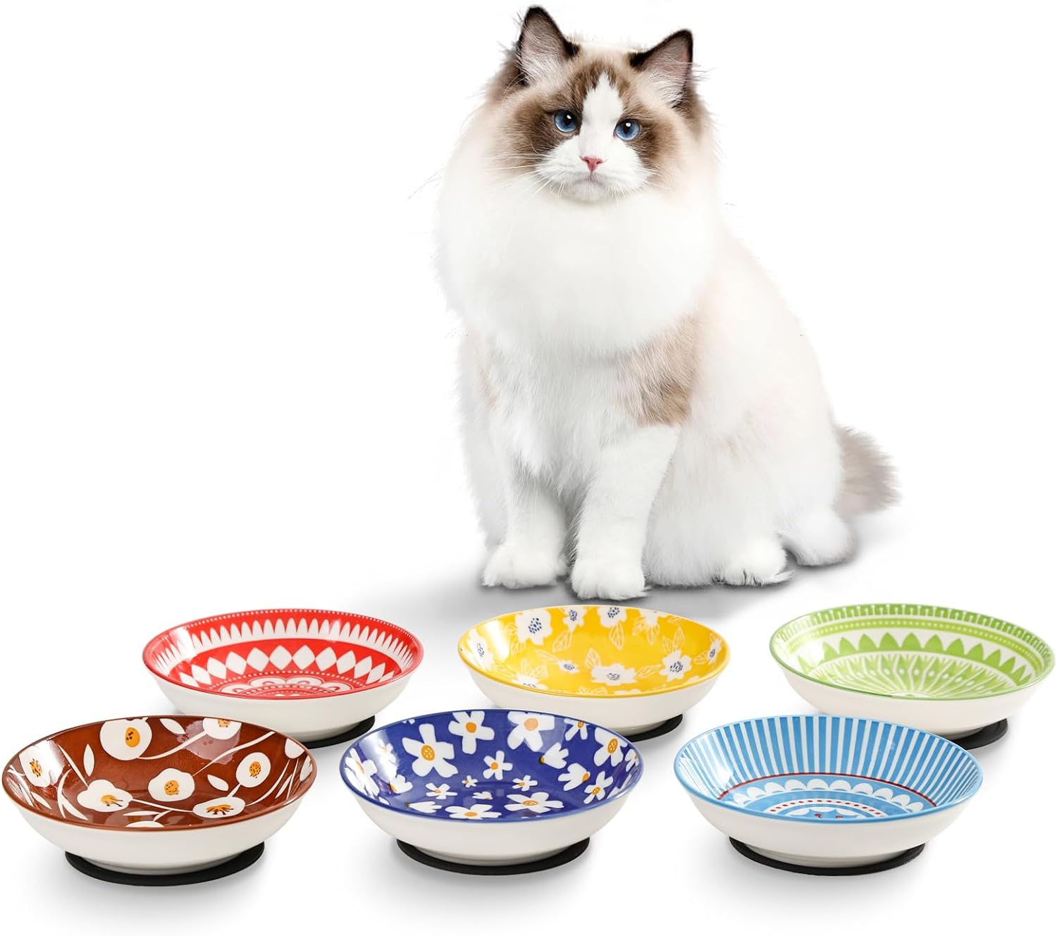 Small Ceramic Cat Food Bowl - Wide Shallow Cat Bowl with Non-Slip Mat -  Whisker Friendly Cat Feeding Bowls - Japanese Style Cute Cat Dish - Cat  Plates