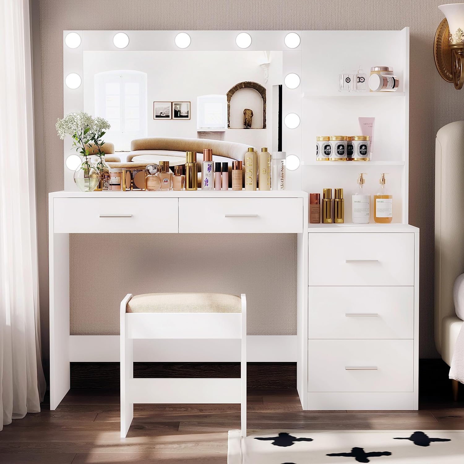 Latitude Run® Vanity Desk with Mirror and Lights,White Makeup Vanity with  Power Outlet & Storage Stool & Reviews