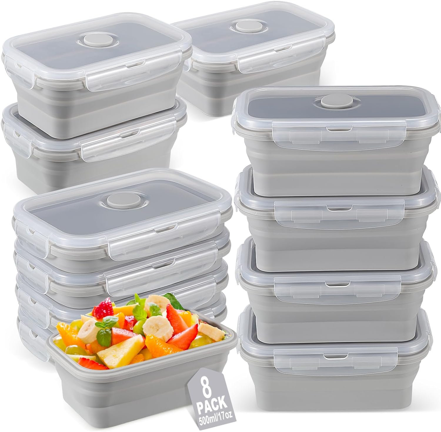 Vremi Silicone Food Storage Containers with BPA Free Airtight Plastic Lids - Set of 4 Small and Large Collapsible Meal Prep Container