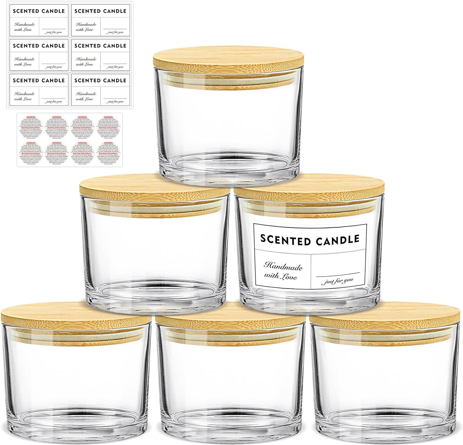 15 Pack, 6 OZ Thick Glass Jars with Airtight Bamboo Lids and Sticky Labels,  Clear Empty Candle Jars for Making Candles, Spice Jars, Sample Container -  Dishwash Safe