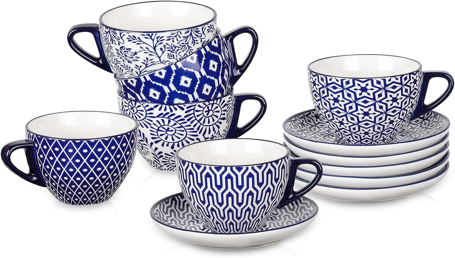 Jusalpha Fine China Coffee Bar Espresso Cups and Saucers Set, 7-Ounce