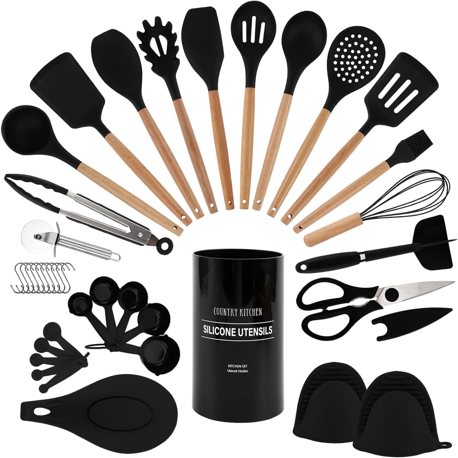 Umite Chef Kitchen Cooking Utensils Set, 33 Pcs Non-Stick Silicone Cooking Kitchen Utensils Spatula Set with Holder, Black Wooden Handle Silicone