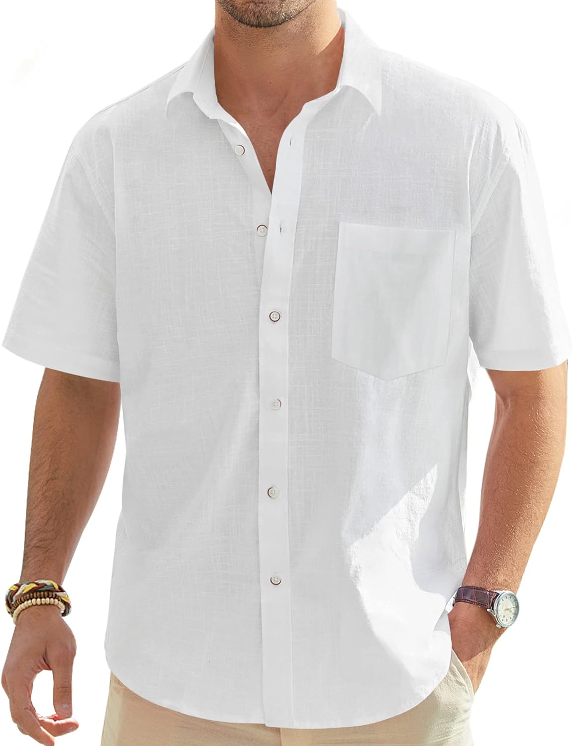 Mens Linen Button Down Shirts Long Sleeves Summer Beach Casual