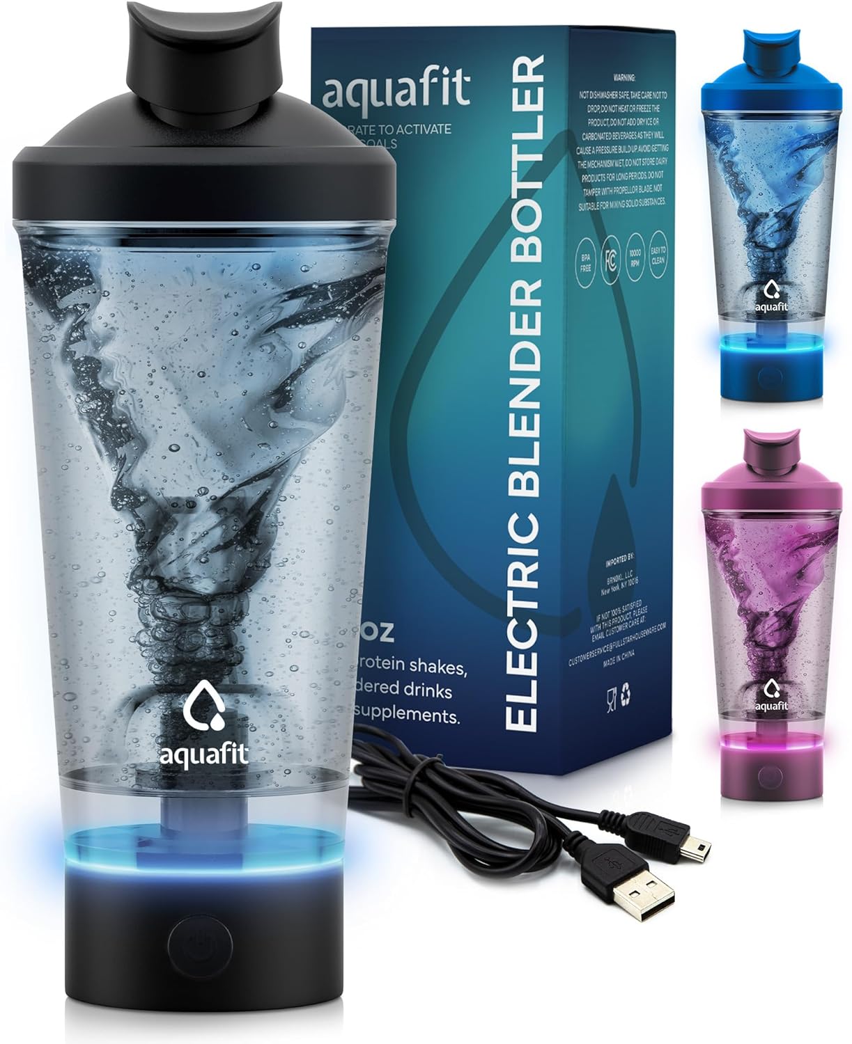 VOLTRX Electric Shaker Bottle Blue- USB Rechargeable Mixer , Shaker Cups for Protein Shakes, BPA-Free, Waterproof, Colored Light Base, 24 oz