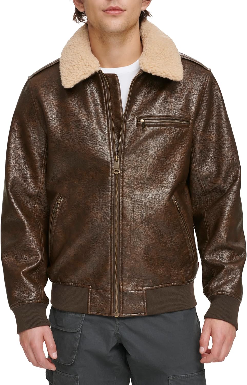 FLAVOR Men's Real Leather Bomber Jacket with Removable Fur Collar