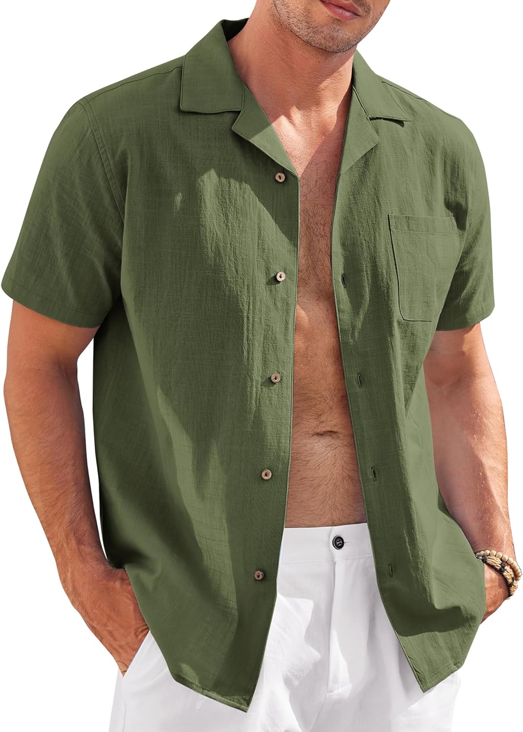 Mens Linen Button Down Shirts Long Sleeves Summer Beach Casual
