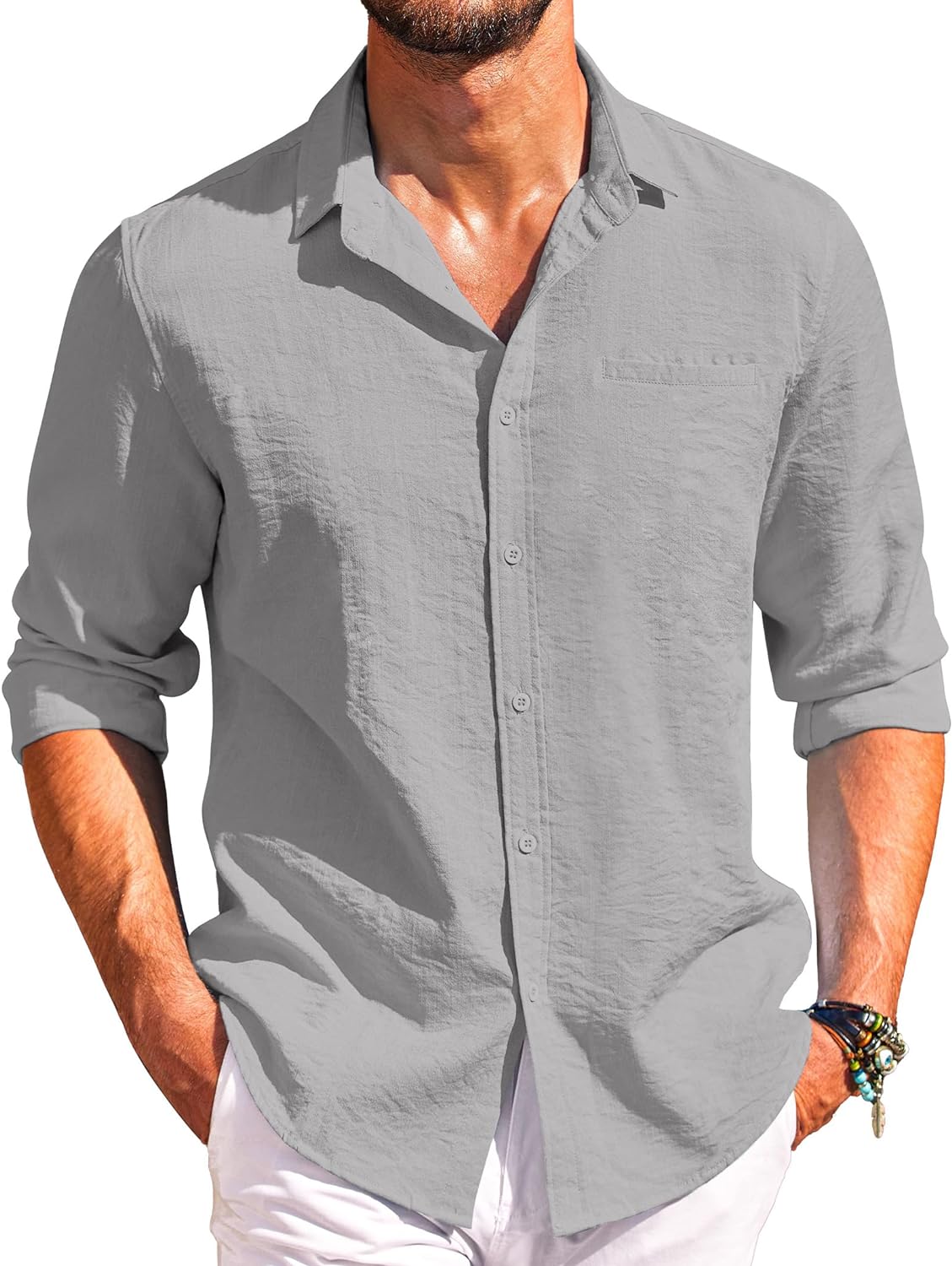 Makkrom Mens Long Sleeve Shirts Linen Button Down Beach Yoga