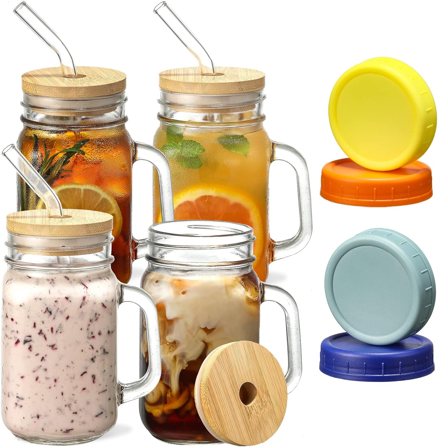 Reusable Wide Mouth Smoothie Boba Tea Cups Bubble Tea Cups With Lids And Silver Straws Mason Jars Glass Cups (2-pack, 32 Oz Mason Jars