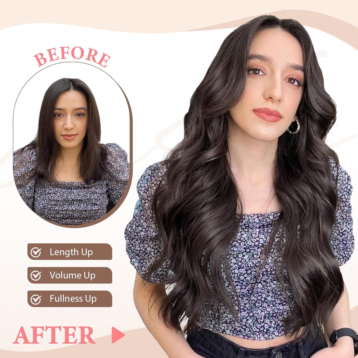 Ustar Clip In Long Wavy Synthetic Hair Extension 20 Inch Chestnut Brown 4PCS Thick Hairpieces Fiber Double Weft Hair For Women - View #9