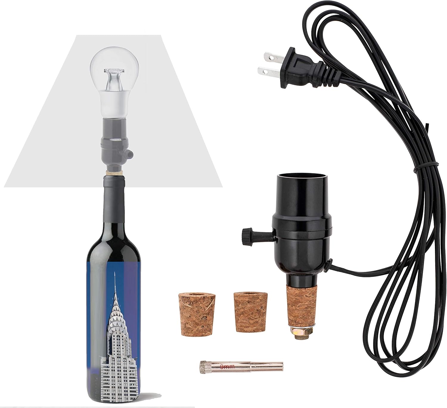 Lamp Kits Do It Yourself, DIY Bottle Lamp Kit, 240cm Black Bottle Lamp Adaptor Kit, E26 Wine Bottle Lights, Lamp Fittings Kit For Table Lamp, E27 Lamp Holder,Includes 3 Sizes Of Stoppers,No