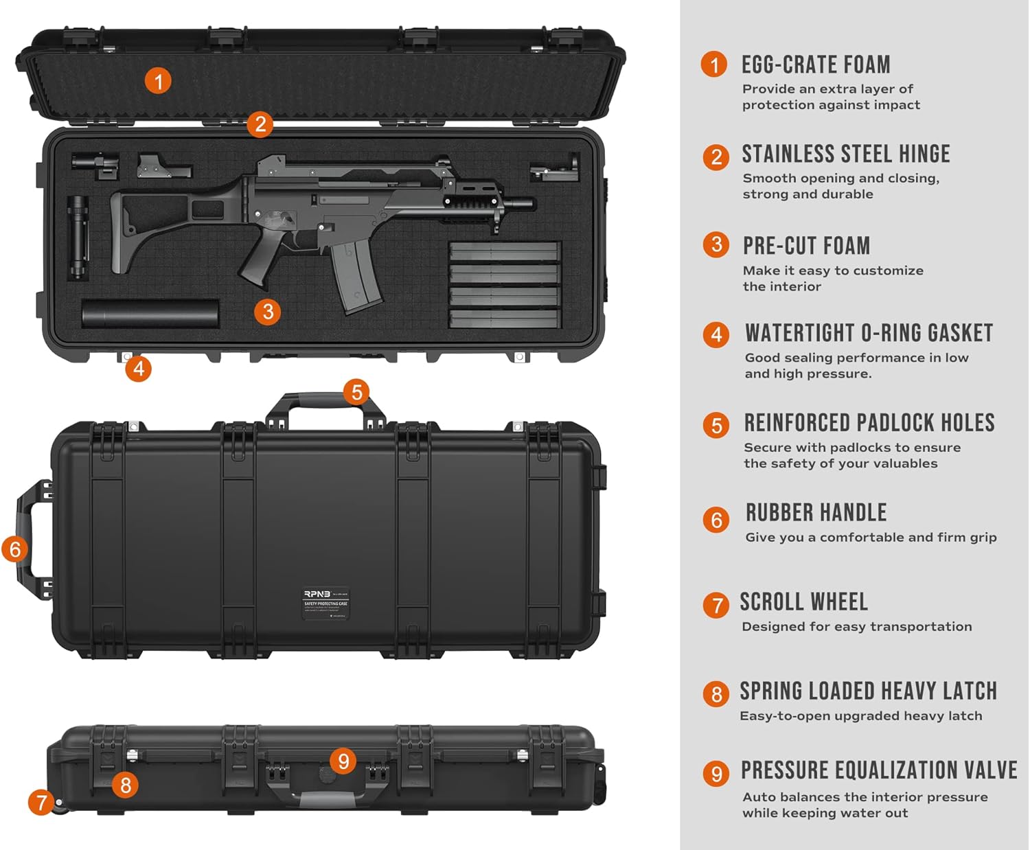 MEIJIA Premium Rolling Waterproof All Weather Hard Rifle Case With