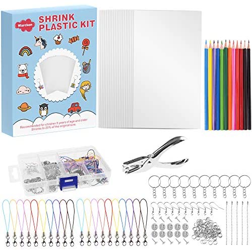 Warckon 137 Pieces Shrink Plastic Sheet Kit Include 12 PCS Shrinky Art  Paper with 125 PCS Keychains Accessories for Kids Creative Craft