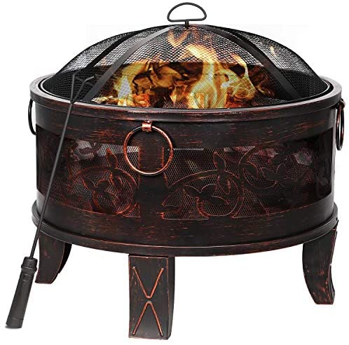 Garden Hykolity Outdoor Fire Pit 26-inch Wood Burning Firepit Round Steel Fire Pits Outside with Spark Screen Wood Fire Poker Metal Grate for Backyard Bonfire Picnic Camping 