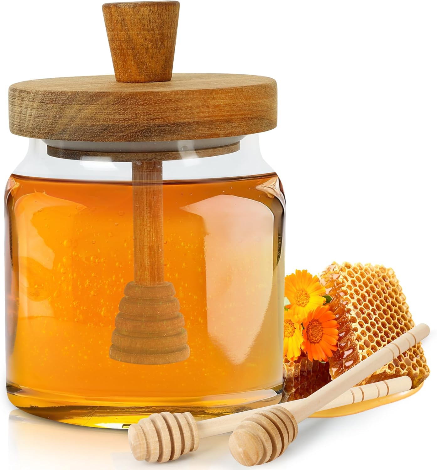 With Dipper 16oz Glass Honey Dispenser With Bamboo Lid & 3