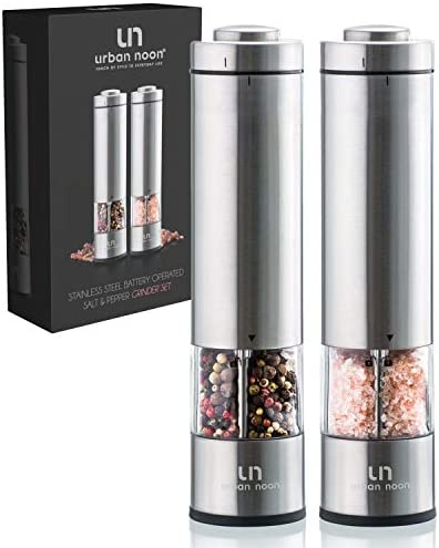 GZOOGHOME Electric Salt and Pepper Mill Grinder Set - Battery Operated  Automatic One Handed Pepper Salt Mill with Funnel and Bottom Cap - Ceramic