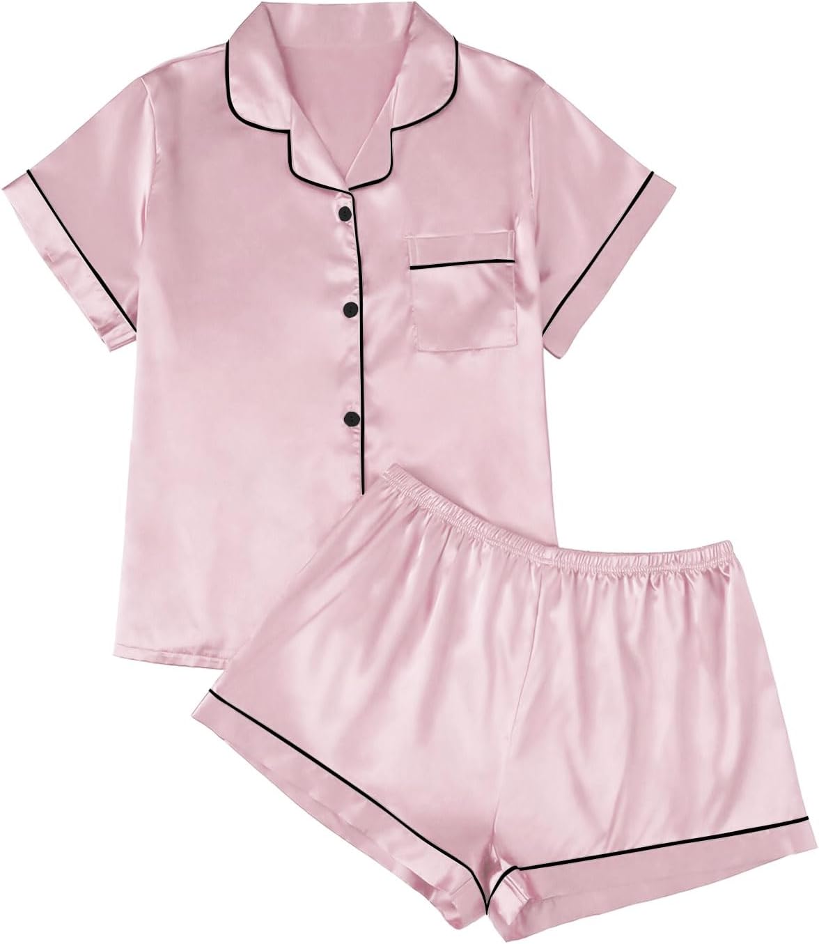 Oplxuo Women's Button-Down Silk Satin Pajamas Set - Short Sleeve Top & Shorts Loungewear - View #10