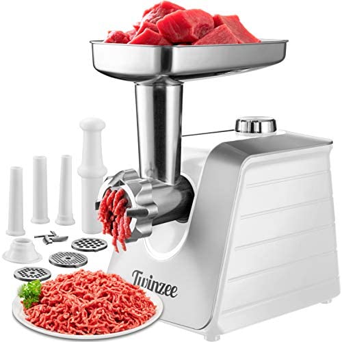 Twinzee Electric Meat Grinder and Sausage Stuffer for Ground Meat (Black) -  Food Processor, Meat Grinder with 3 Metal Blades and 3 Sausage Attachments  - Meat Grinder For Home Use 