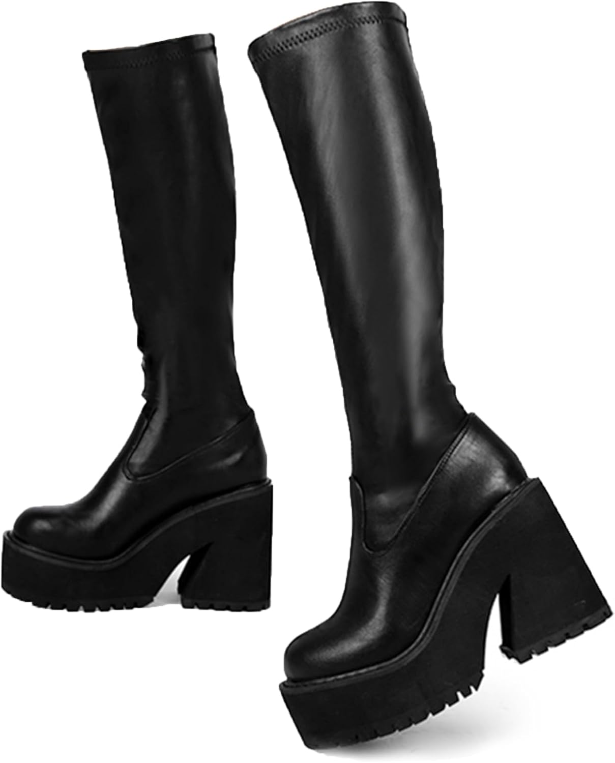 SOVANYOU Women's Chunky Heel Platform Boots Black Faux