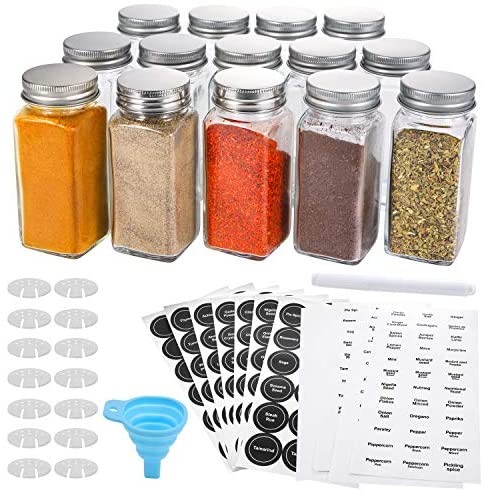25 Glass Spice Jars with 396 Spice Labels, Chalk Marker and Funnel