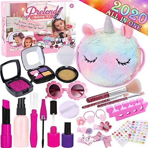 GraceDuck Makeup Kit Toys - Pretend Play Princess Make Up Set Unicorns Gifts for Girls with Nail Polish Brush Cosmetic Bag Littl