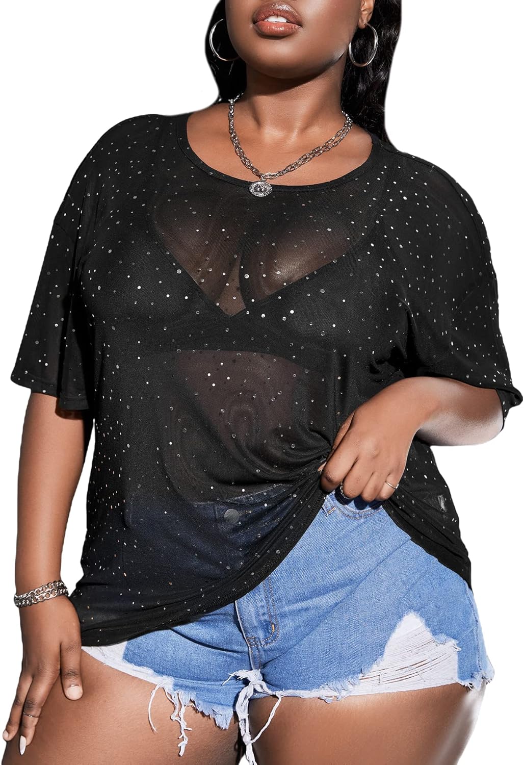 RoseSeek Women's Sheer Mesh High Neck Long Sleeve T-Shirt - Slim Fit Clubwear Top
