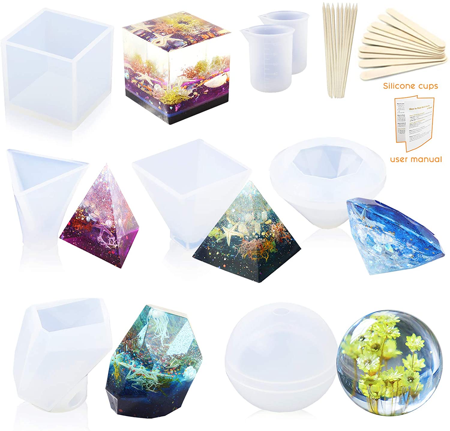 LETS RESIN Resin Molds Silicone Kit,16oz Resin Starter Kit With  Everything,include Sphere,cube,pyramid,square,round Molds for Resin Casting  