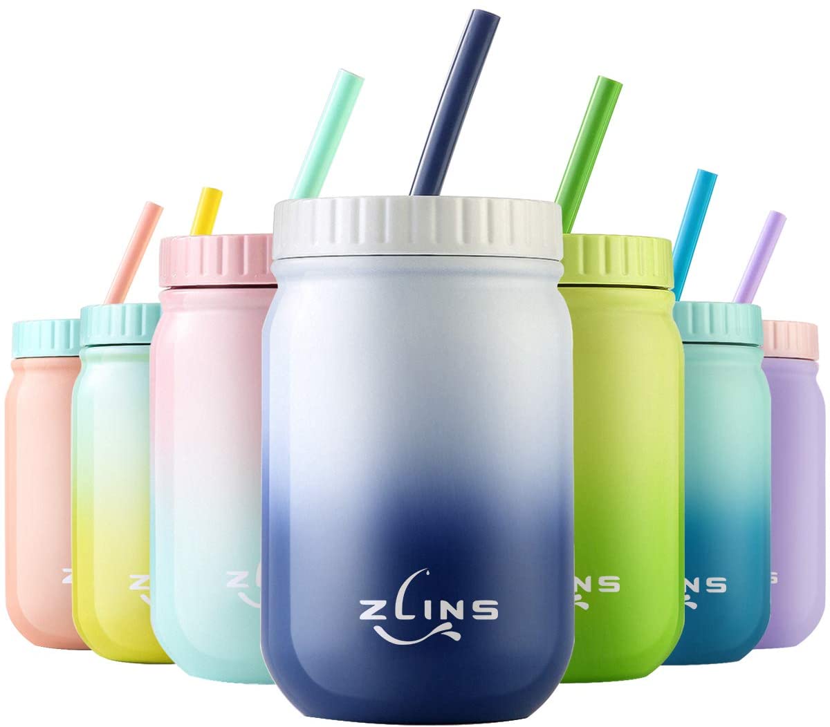 Wholesale ZLINS Tumbler With Straws14OZ,Stainless Steel,Hot Cold,Simple Insulated Mason Jar
