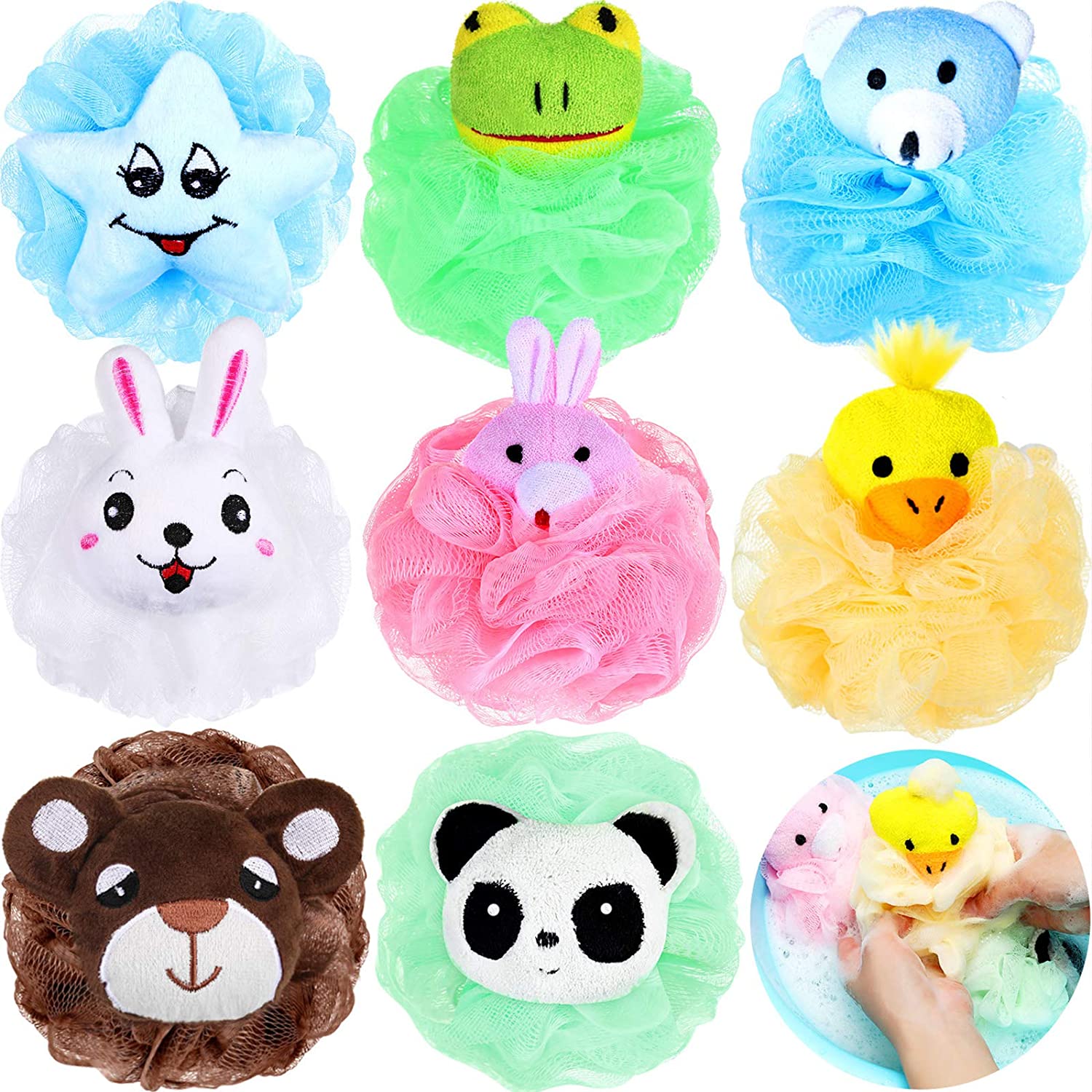 Wholesale 8 Pieces Bath Sponges Animal Kids Loofah Bath Pouf Mesh