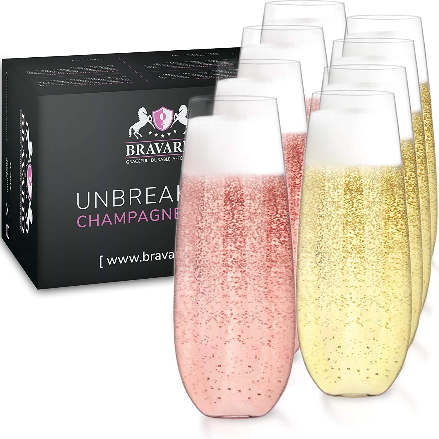 Wholesale Bravario Unbreakable Champagne Flutes Set of 8 Plastic Tritan Stemless Champagne