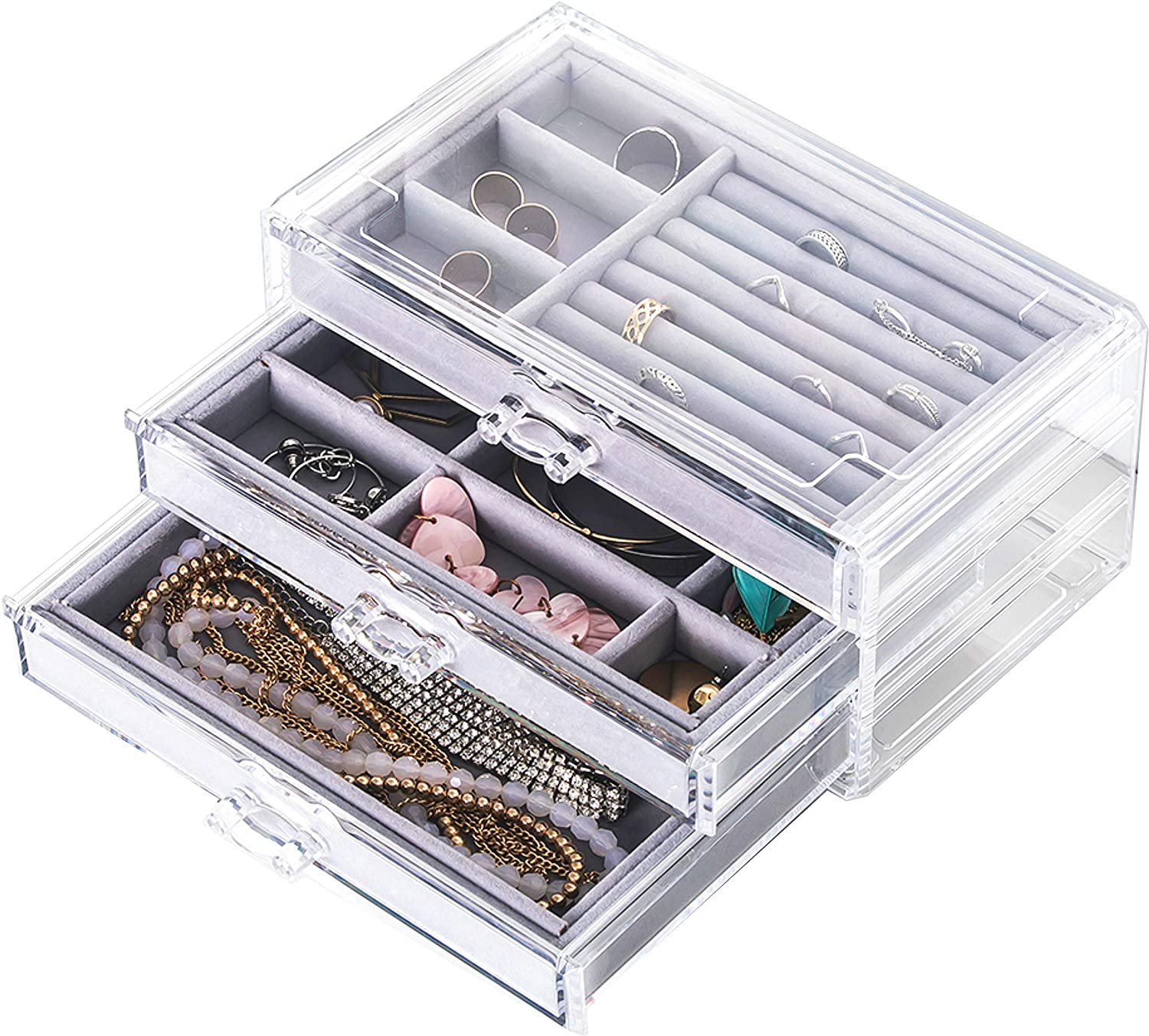 Wholesale Clear Acrylic Jewelry Box With 3 Drawers,Velvet Jewellery