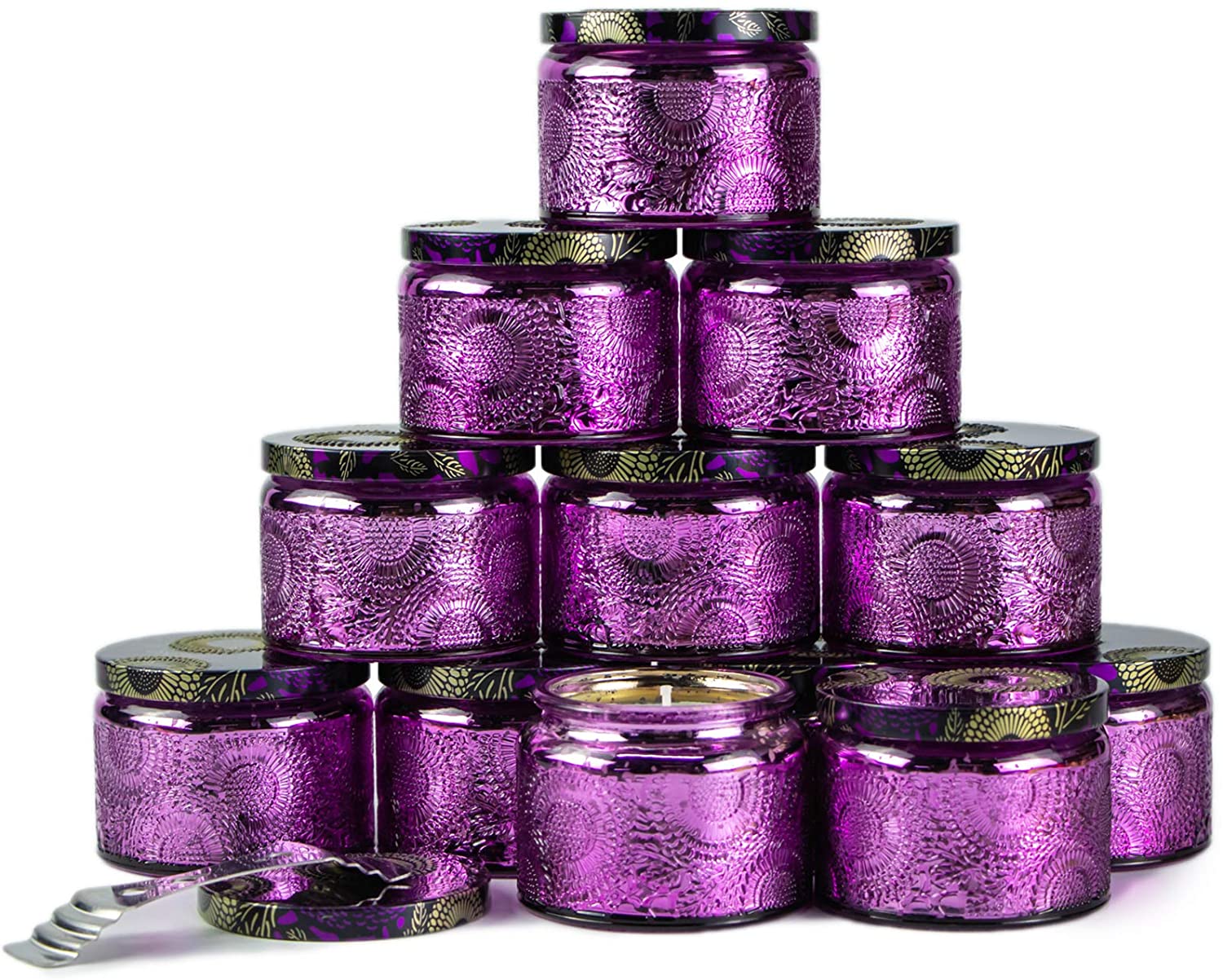Pack of 12 4 oz Embossed Shining Silver Glass Candle Container with Tin Lid and Labels 