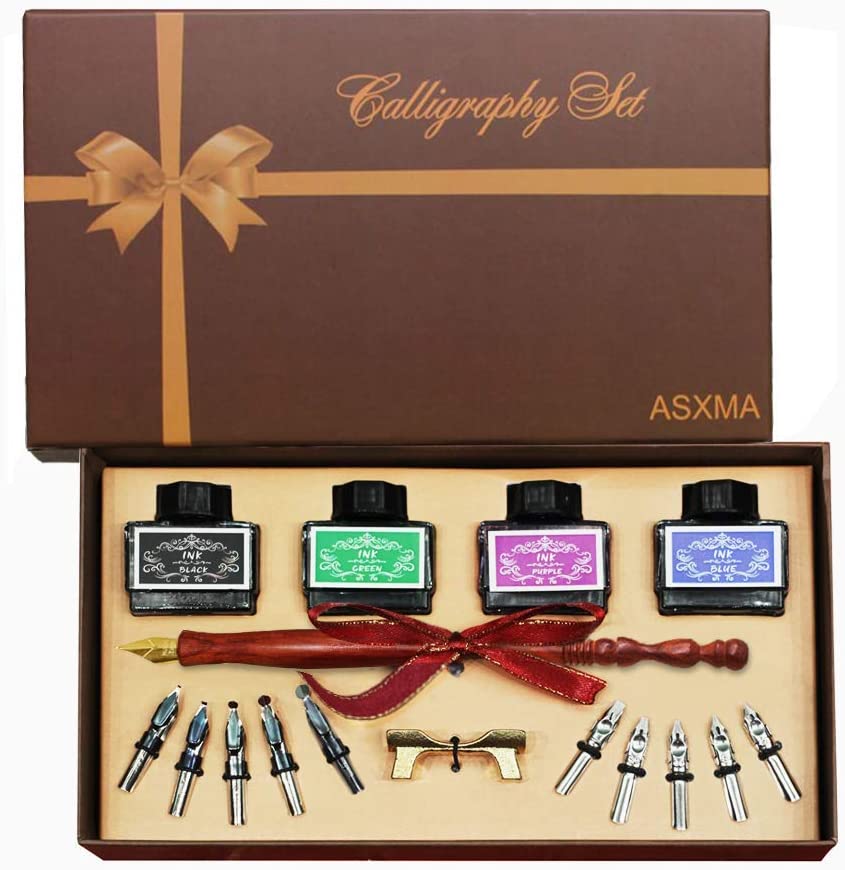 YICMY Calligraphy Pen Set - Calligraphy Set For Beginners Includes Oblique  Pen Wooden Calligraphy Pen 12 Pen Nibs & 4 Different Color Inks Dip Pen Set