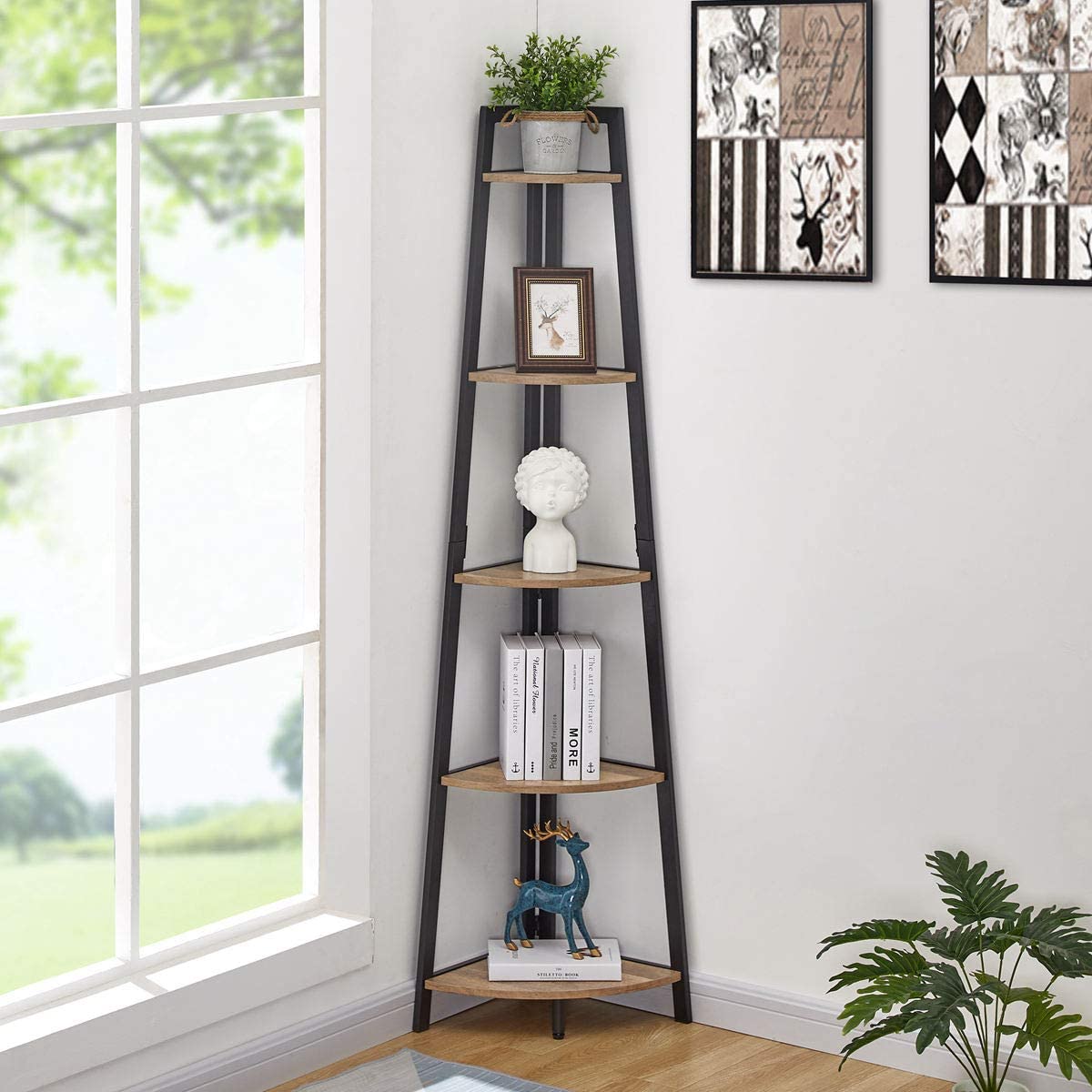 FATORRI Industrial Corner Bookshelf, 5 Tier Tall Corner Bookcase, Wood and Metal